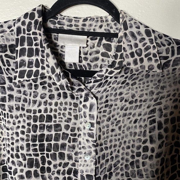 Soft Surroundings Silk Roll Tab Button Down Top Small Black White Animal Print - Picture 5 of 9